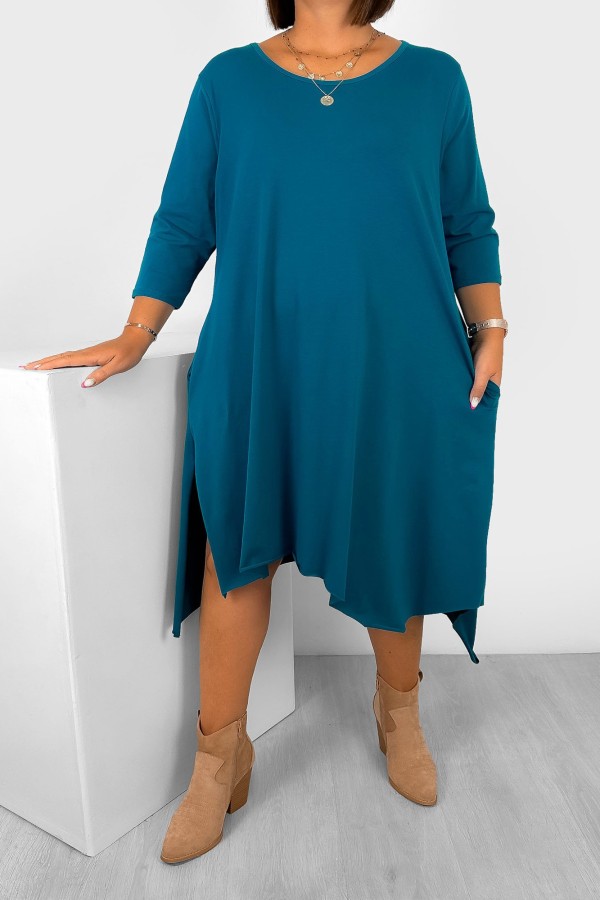 Asymetryczna sukienka plus size w kolorze morskim rękaw 3/4 długie boki kieszenie Anett 1