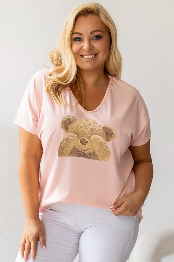 T-shirt plus size w kolorze pudrowym print miś teddy BEAR 1