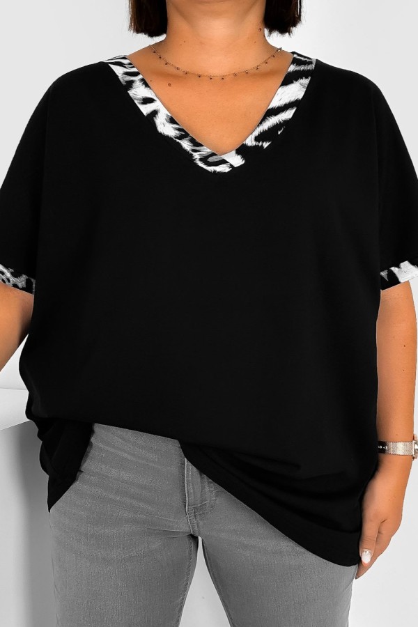 T-shirt damski plus size w kolorze czarnym dekolt w serek V-neck szara panterka lamówka ARGO