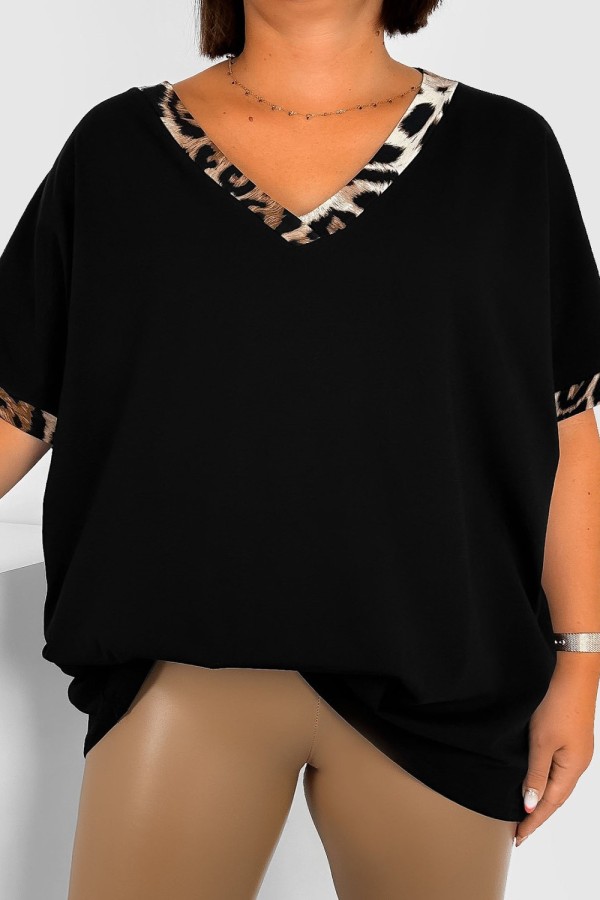 T-shirt damski plus size w kolorze czarnym dekolt w serek V-neck panterka lamówka Wena