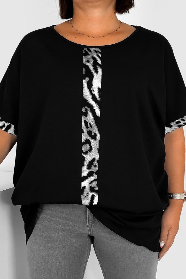 T-shirt damski plus size w kolorze czarnym okrągły dekolt szara panterka pasek BADI