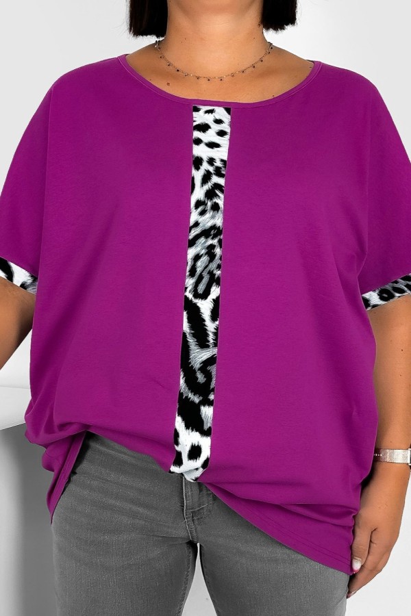 T-shirt damski plus size w kolorze magenta okrągły dekolt szara panterka pasek BADI