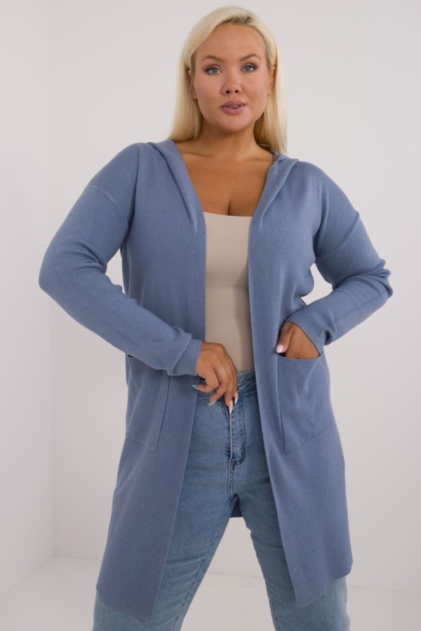 Lekki sweter kardigan plus size w kolorze denim kieszenie kaptur Rozalia 2