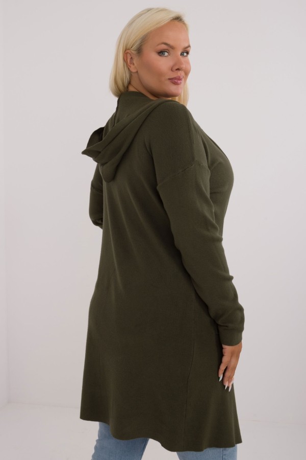 Lekki sweter kardigan plus size w kolorze khaki kieszenie kaptur Rozalia 2