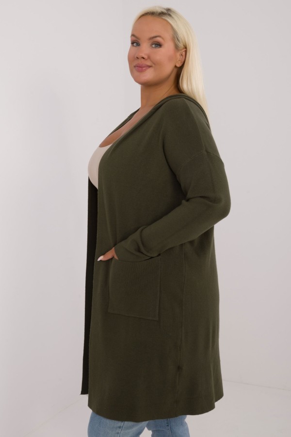 Lekki sweter kardigan plus size w kolorze khaki kieszenie kaptur Rozalia 4