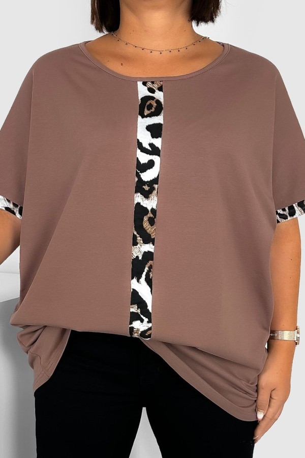 T-shirt damski plus size w kolorze cappuccino okrągły dekolt panterka pasek ANDIE