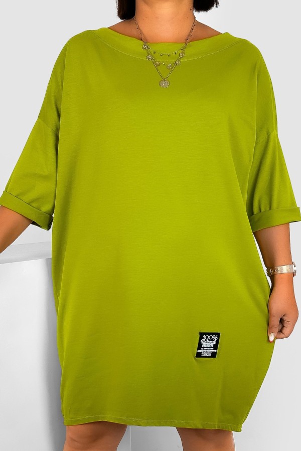 Sukienka plus size w kolorze pistachio z rękawem 3/4 naszywka MILAGROS