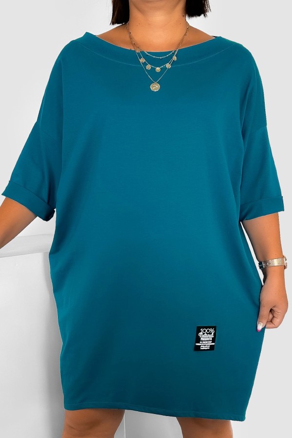 Sukienka plus size w kolorze morskim z rękawem 3/4 naszywka MILAGROS