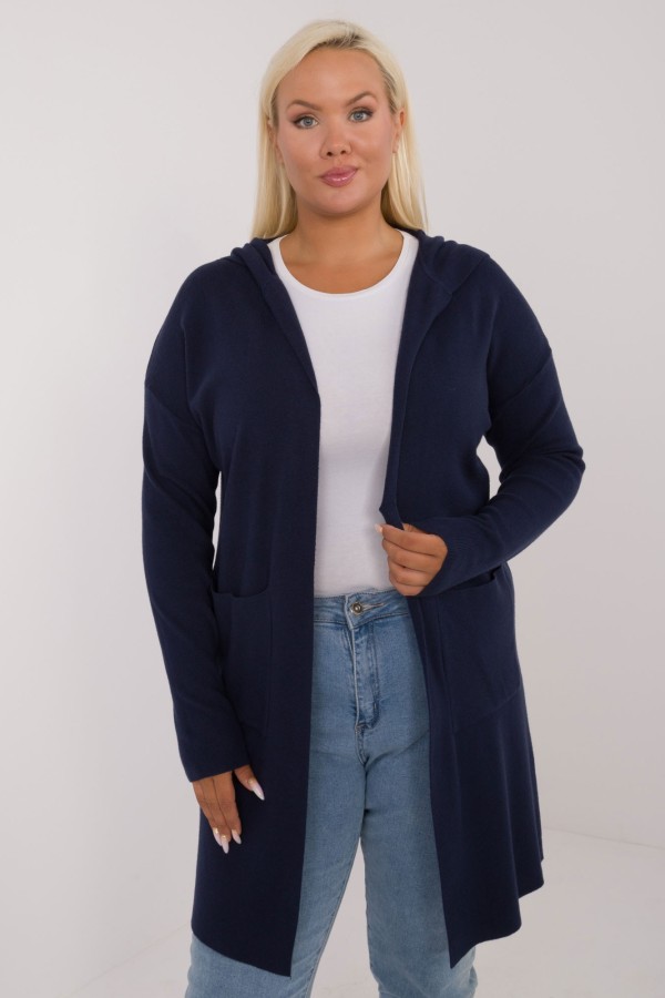 Lekki sweter kardigan plus size w kolorze granatowym kieszenie kaptur Rozalia 2