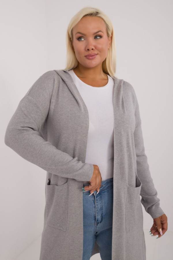 Lekki sweter kardigan plus size w kolorze szarym kieszenie kaptur Rozalia