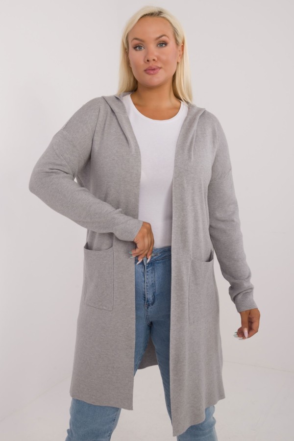 Lekki sweter kardigan plus size w kolorze szarym kieszenie kaptur Rozalia 4