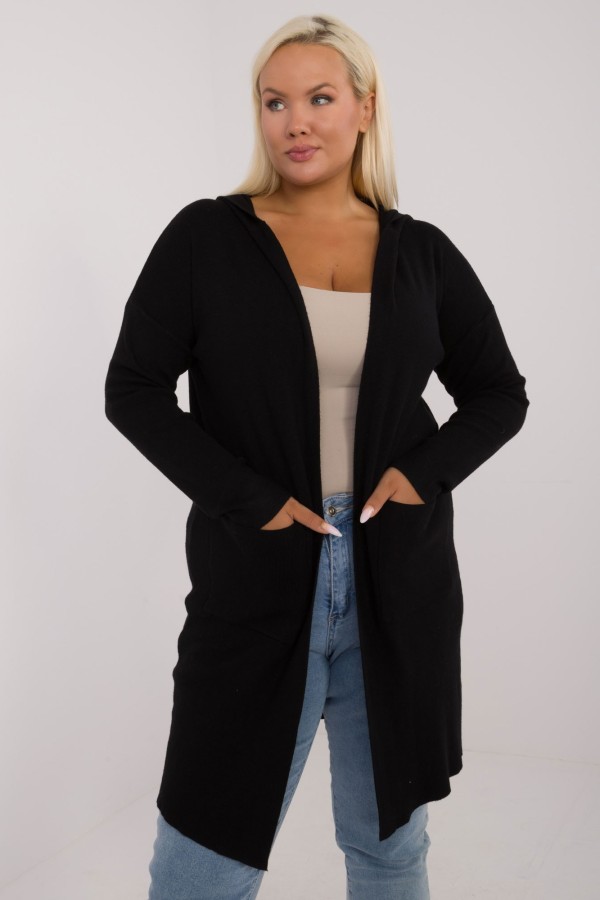 Lekki sweter kardigan plus size w kolorze czarnym kieszenie kaptur Rozalia 1