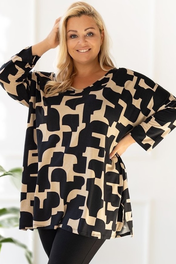 Tunika plus size rękaw 3/4 oversize rozcięcia abstrakcyjny wzór MIRELLA