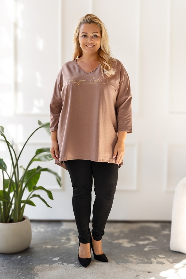 Tunika damska plus size w kolorze latte oversize złoty nadruk shine your light AIRA 2