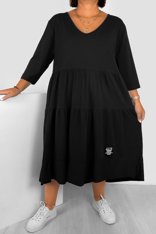 Sukienka plus size w kolorze czarnym rękaw 3/4 dekolt w serek V falbany Dolores