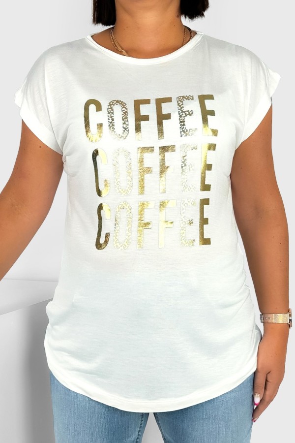 T-shirt damski nietoperz w kolorze ecru złoty nadruk napisy COFFEE