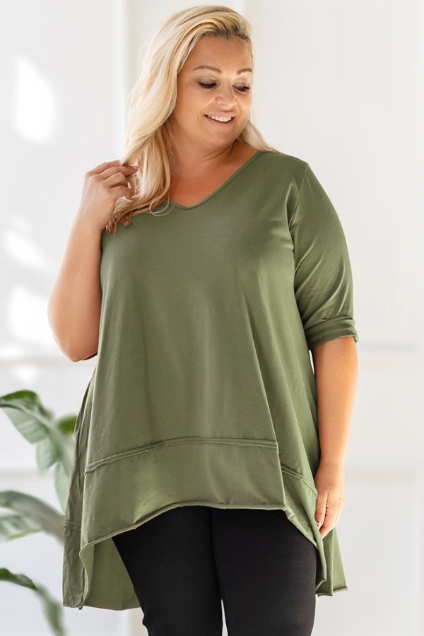 Asymetryczna tunika damska plus size w kolorze khaki z kieszeniami Nela