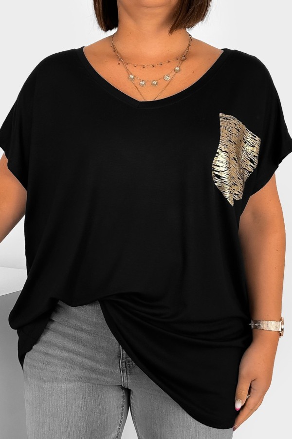 T-shirt damski plus size czarny nietoperz dekolt w serek V-neck złota kieszeń pocket