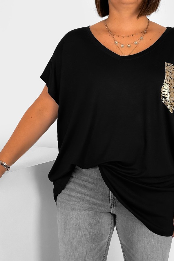 T-shirt damski plus size czarny nietoperz dekolt w serek V-neck złota kieszeń pocket 1