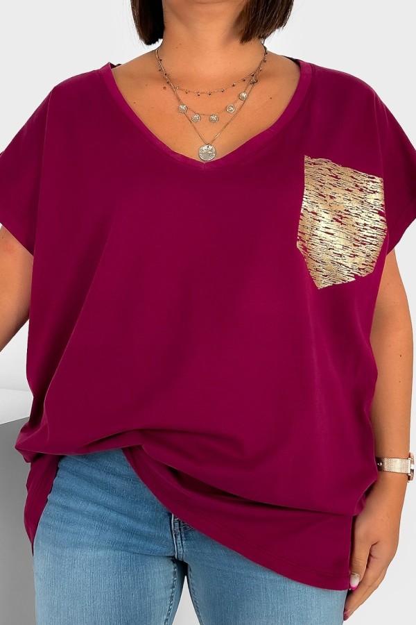 T-shirt damski plus size burgundowy nietoperz dekolt w serek V-neck złota kieszeń pocket 2