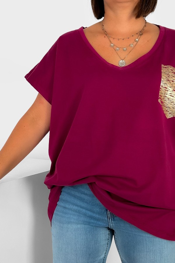 T-shirt damski plus size burgundowy nietoperz dekolt w serek V-neck złota kieszeń pocket 1