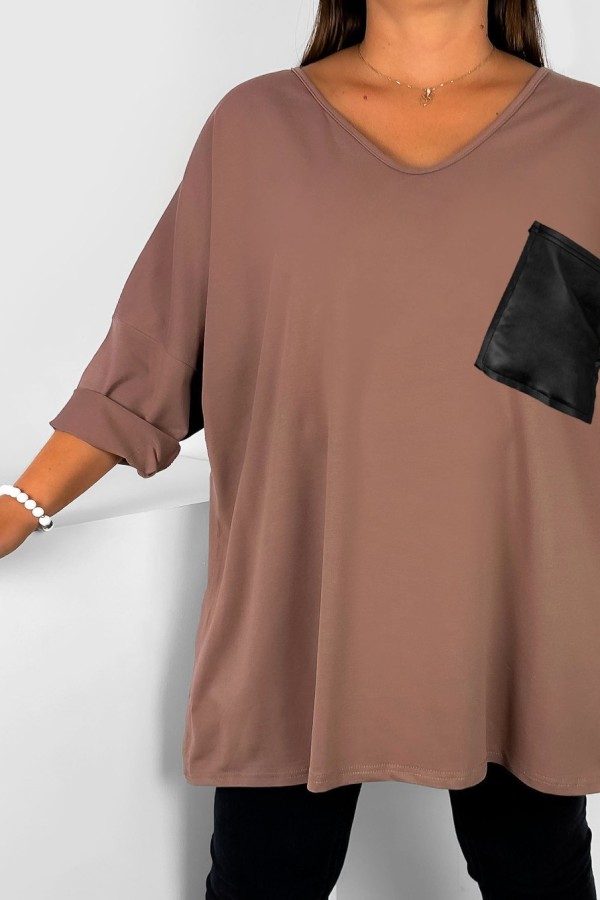 Tunika damska plus size w kolorze cappuccino oversize skórzana kieszeń Allina 1