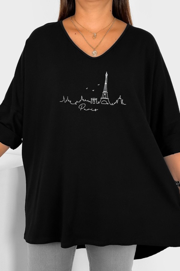 Tunika damska plus size w kolorze czarnym oversize nadruk miasta Paris 2