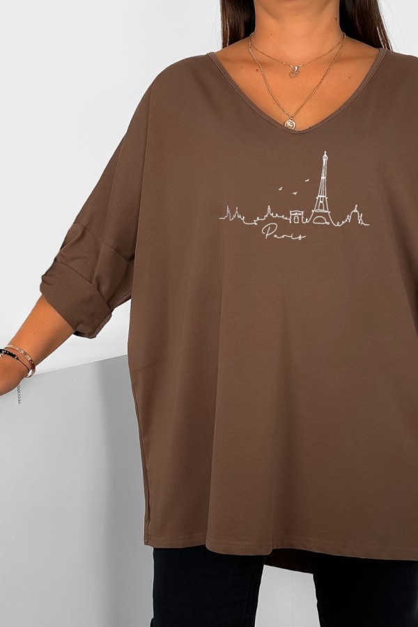 Tunika damska plus size w kolorze brązowym oversize nadruk miasta Paris 1