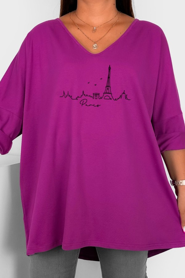 Tunika damska plus size w kolorze magenta oversize nadruk miasta Paris 2