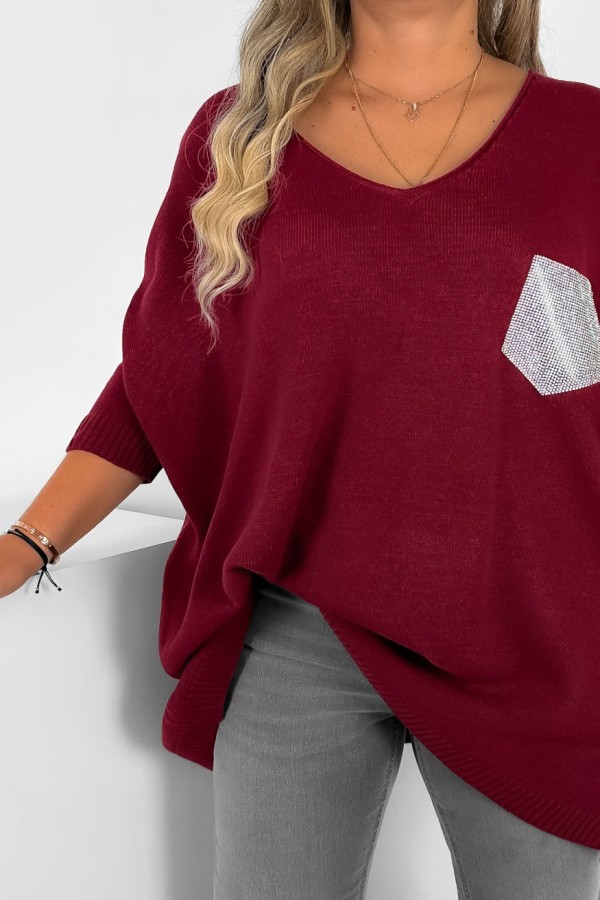 MEGA oversize sweter damski w kolorze bordowym dekolt V kieszonka LUIZA 2