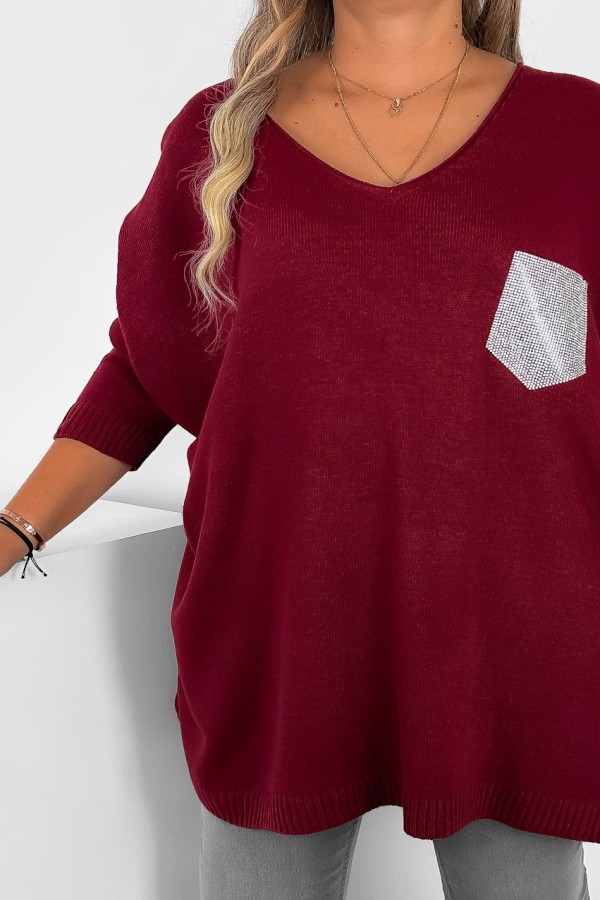 MEGA oversize sweter damski w kolorze bordowym dekolt V kieszonka LUIZA 1