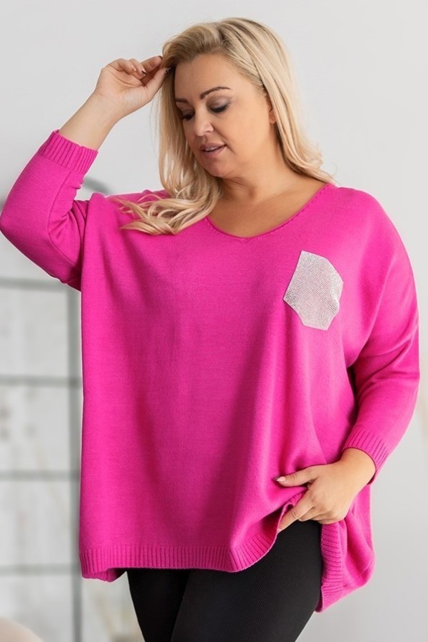 MEGA oversize sweter damski w kolorze neon róż dekolt V kieszonka LUIZA 2