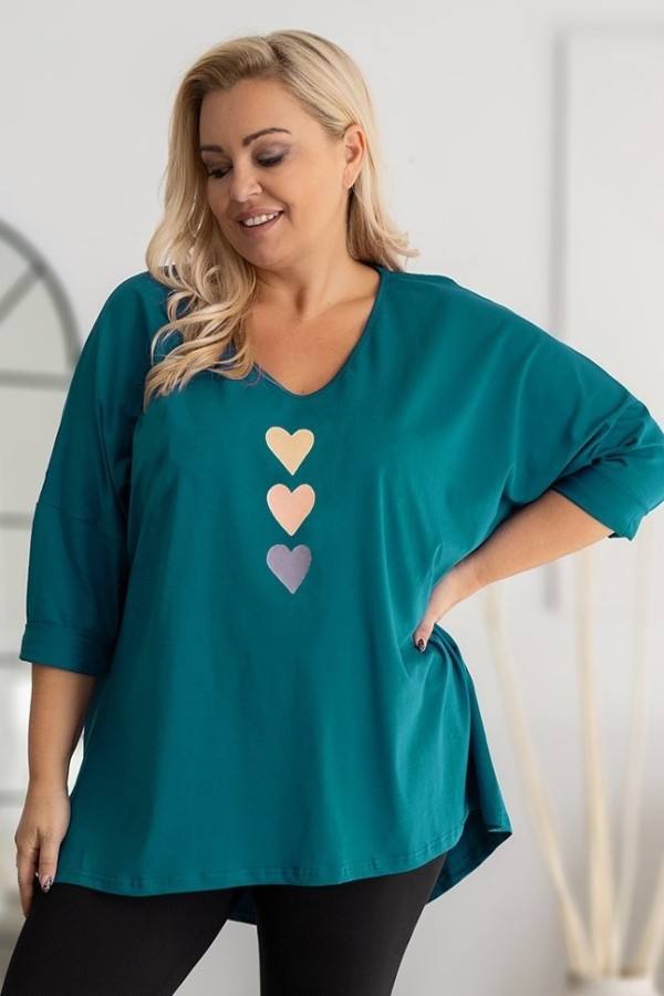 Tunika plus size w kolorze morskim oversize dekolt V serca hearts Zoja