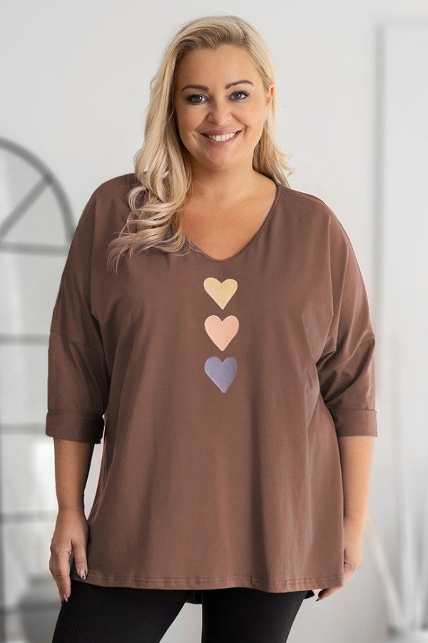 Tunika plus size w kolorze cappuccino oversize dekolt V serca hearts Zoja