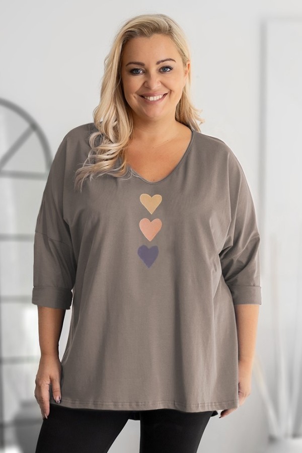 Tunika plus size w kolorze beżu fango oversize dekolt V serca hearts Zoja