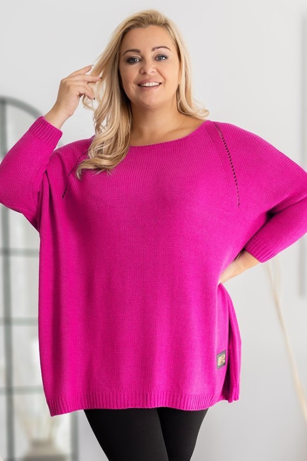 MEGA oversize sweter damski w kolorze fuksji ażur naszywka SHAPE