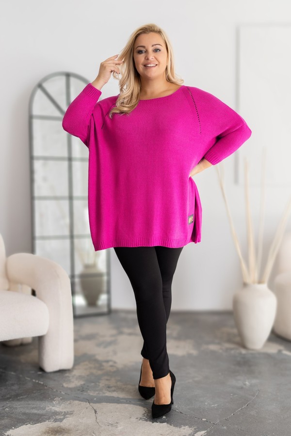 MEGA oversize sweter damski w kolorze fuksji ażur naszywka SHAPE 1