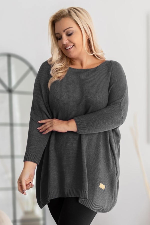 MEGA oversize sweter damski w kolorze grafitowym ażur naszywka SHAPE