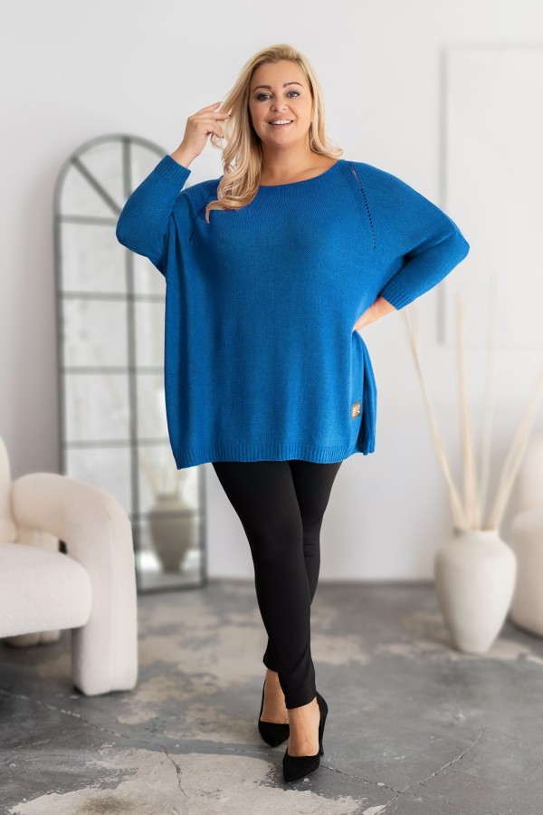 MEGA oversize sweter damski w kolorze lazurowym ażur naszywka SHAPE 1