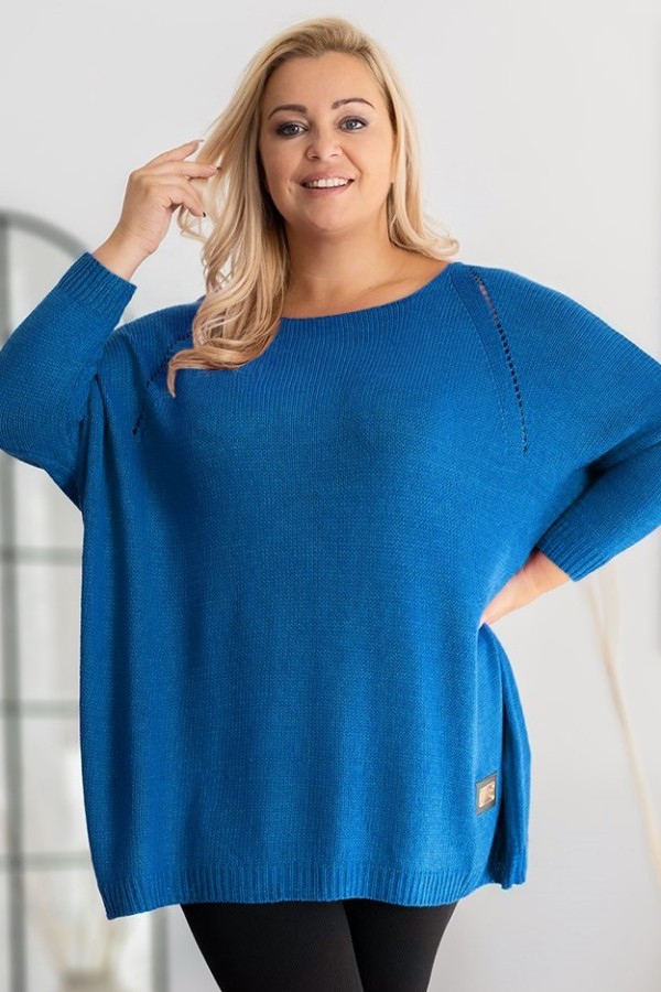 MEGA oversize sweter damski w kolorze lazurowym ażur naszywka SHAPE 2