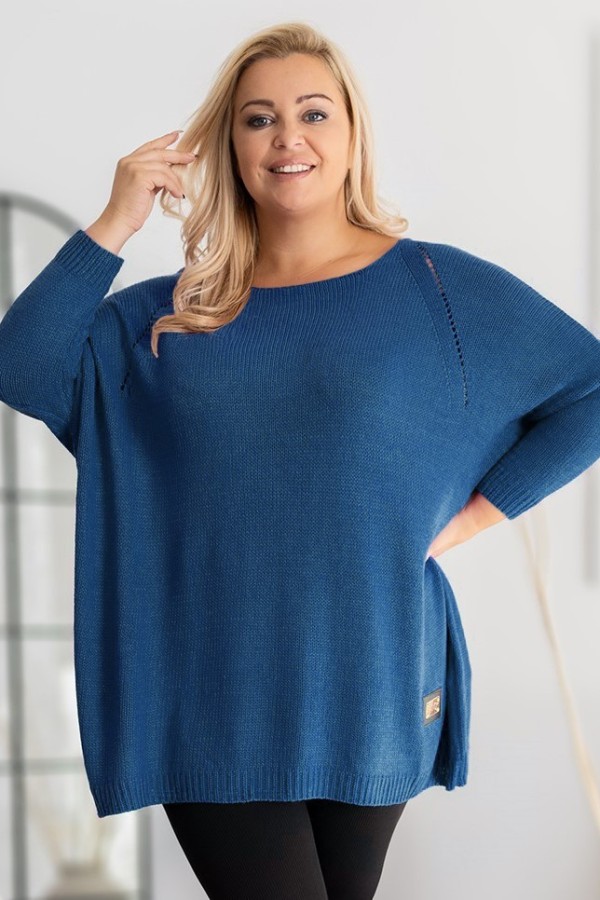 MEGA oversize sweter damski w kolorze denim ażur naszywka SHAPE 2