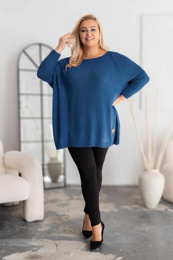 MEGA oversize sweter damski w kolorze denim ażur naszywka SHAPE 1