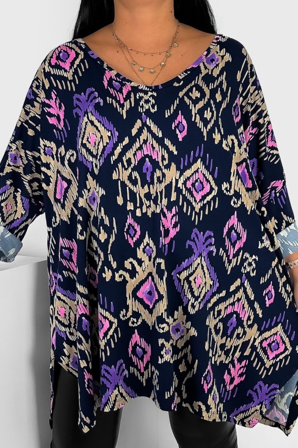 Tunika plus size rękaw 3/4 oversize wiskoza wzór romby fiolet MIRELLA