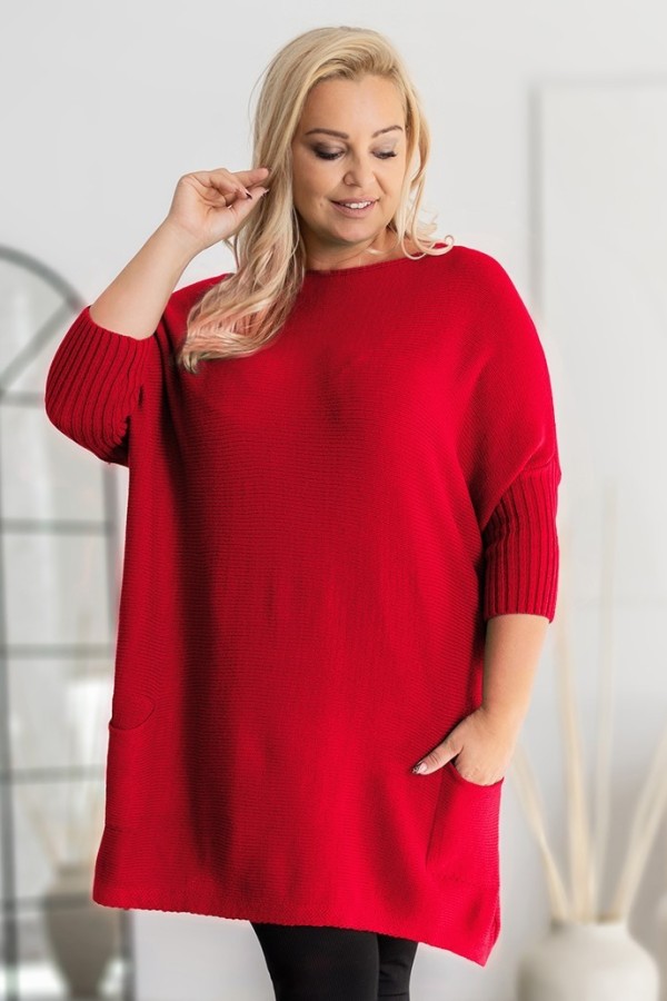 MEGA oversize sweter damski w kolorze czerwonym ściągacze kieszonki GOPI