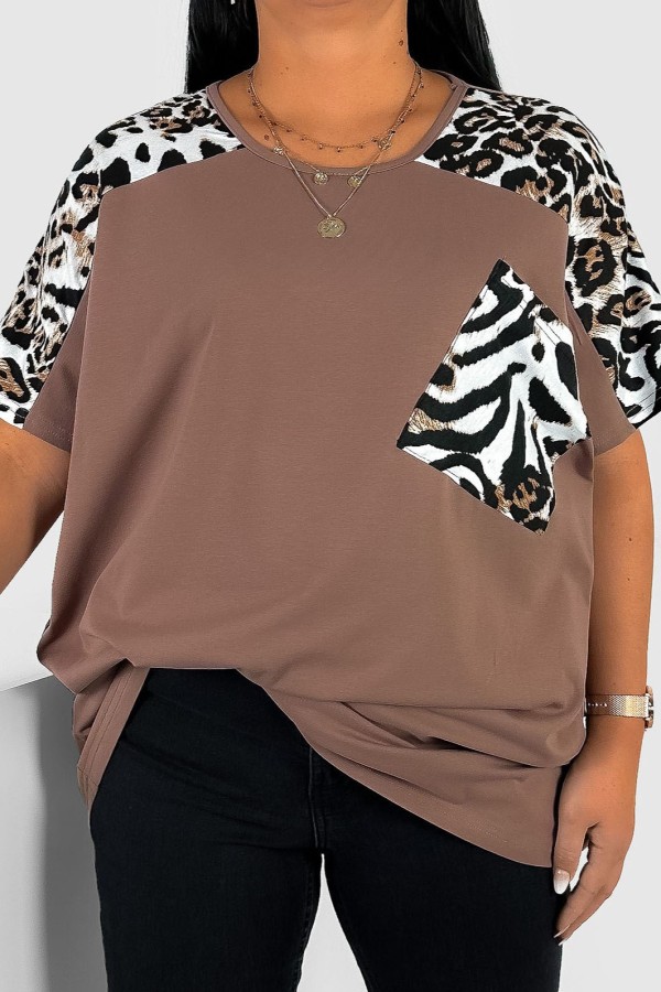 T-shirt damski plus size w kolorze cappuccino panterka ramiona kieszeń IWI