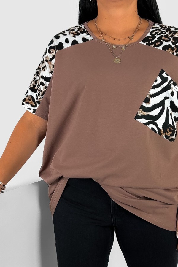 T-shirt damski plus size w kolorze cappuccino panterka ramiona kieszeń IWI 1