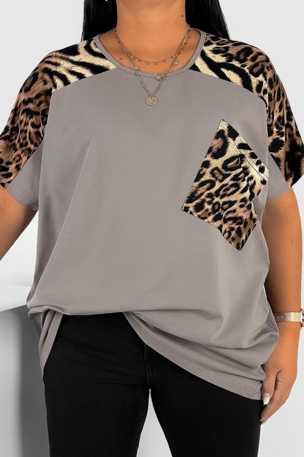 T-shirt damski plus size w kolorze beż fango panterka ramiona kieszeń LIRA