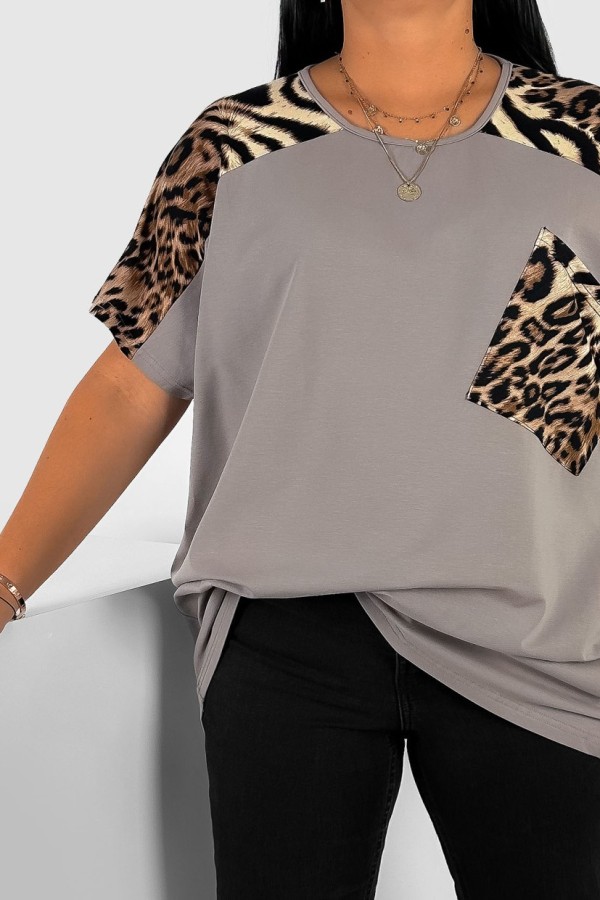 T-shirt damski plus size w kolorze beż fango panterka ramiona kieszeń LIRA 1