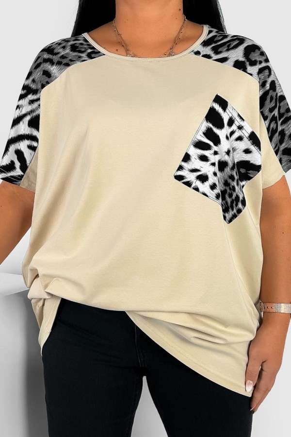 T-shirt damski plus size w kolorze jasnobeżowym panterka ramiona kieszeń PENY