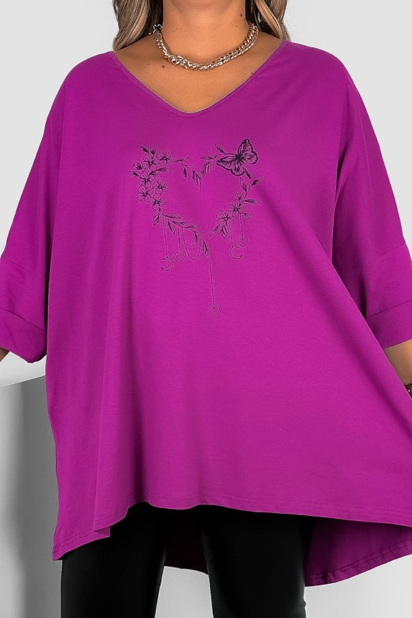 Tunika plus size w kolorze magenta oversize dekolt V kwiatowe serce motyl ARES